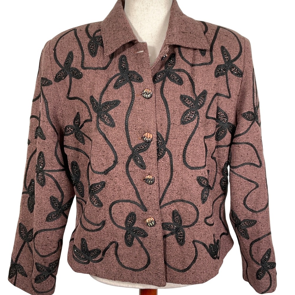 Anage Jacket Women L Mauve Black Floral All Over Ribbon Embellished Cotton India